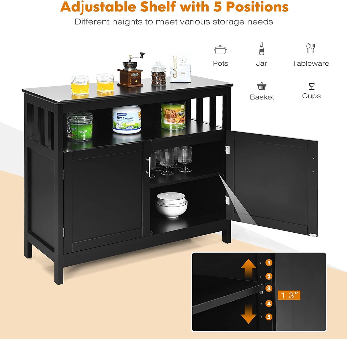 Kitchen Buffet Sideboard, Wooden Storage Server Cupboard Cabinet, Dining Room Living Room Bar Furniture 2-Door Console Table W/ 5-Position Adjustable Shelf & Open Shelf Drawer Cabinets (Black)