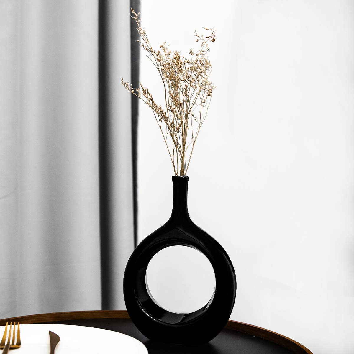 Samawi Black Vase Set of 2 Black Ceramic Vase Black Decor Black Vase Set Black Flower Vase Black Vases for Decor Black Tall Vase Modern Living Room Decor Modern Vases for Home Decor Black Modern Vase