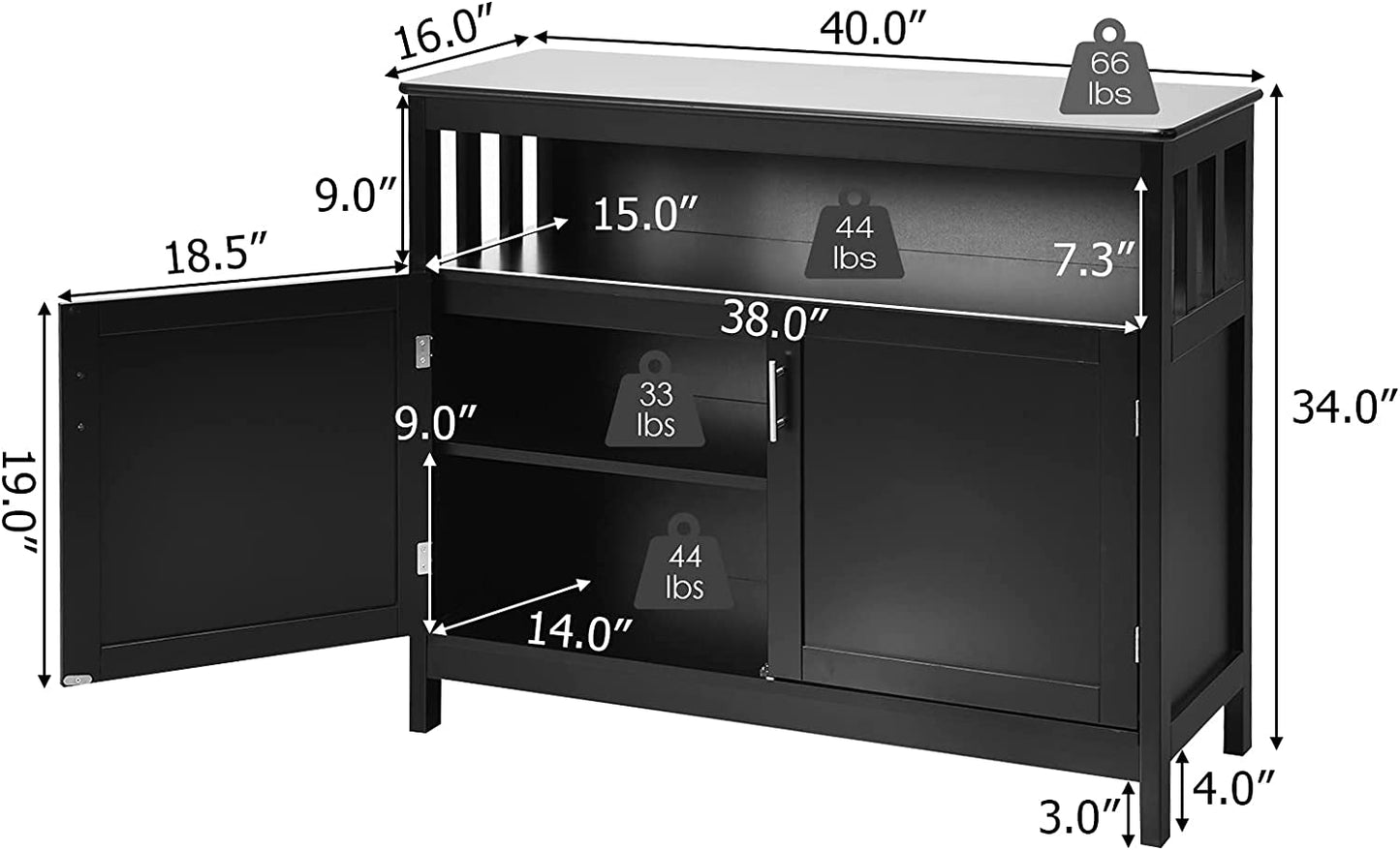 Kitchen Buffet Sideboard, Wooden Storage Server Cupboard Cabinet, Dining Room Living Room Bar Furniture 2-Door Console Table W/ 5-Position Adjustable Shelf & Open Shelf Drawer Cabinets (Black)