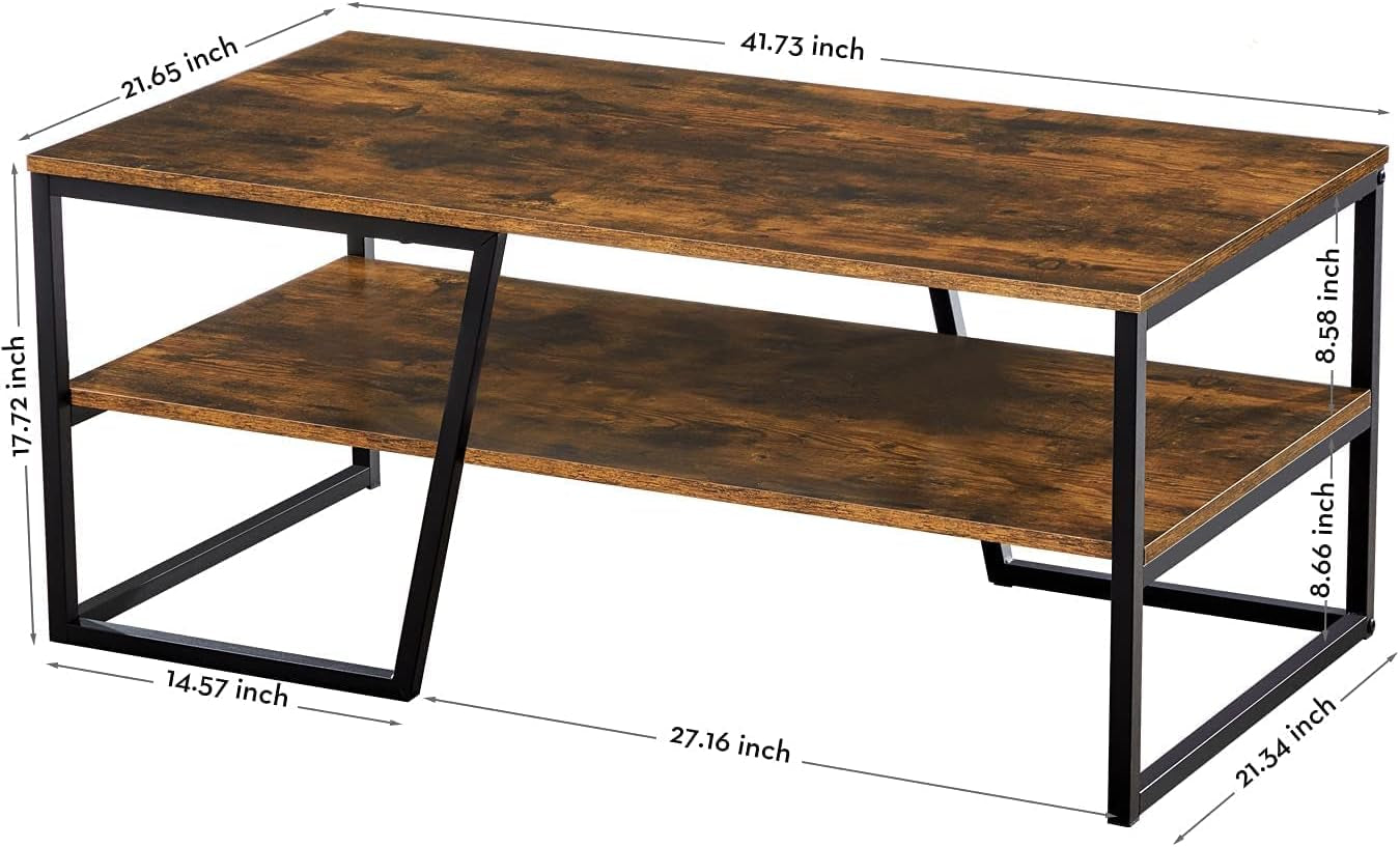 Coffee Table, Industrial Coffee Tables for Living Room with 2 Tier Shelves, 41.7" X 21.7" X 17.7" Rectangular Unique Coffee Table with Abstract Diagonal Base, Easy Assembly, Rustic Brown