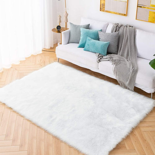 Shaggy Soft Faux Sheepskin Fur Area Rugs Floor Mat Luxury beside Carpet for Bedroom Living Room 6Ft X 9Ft, White