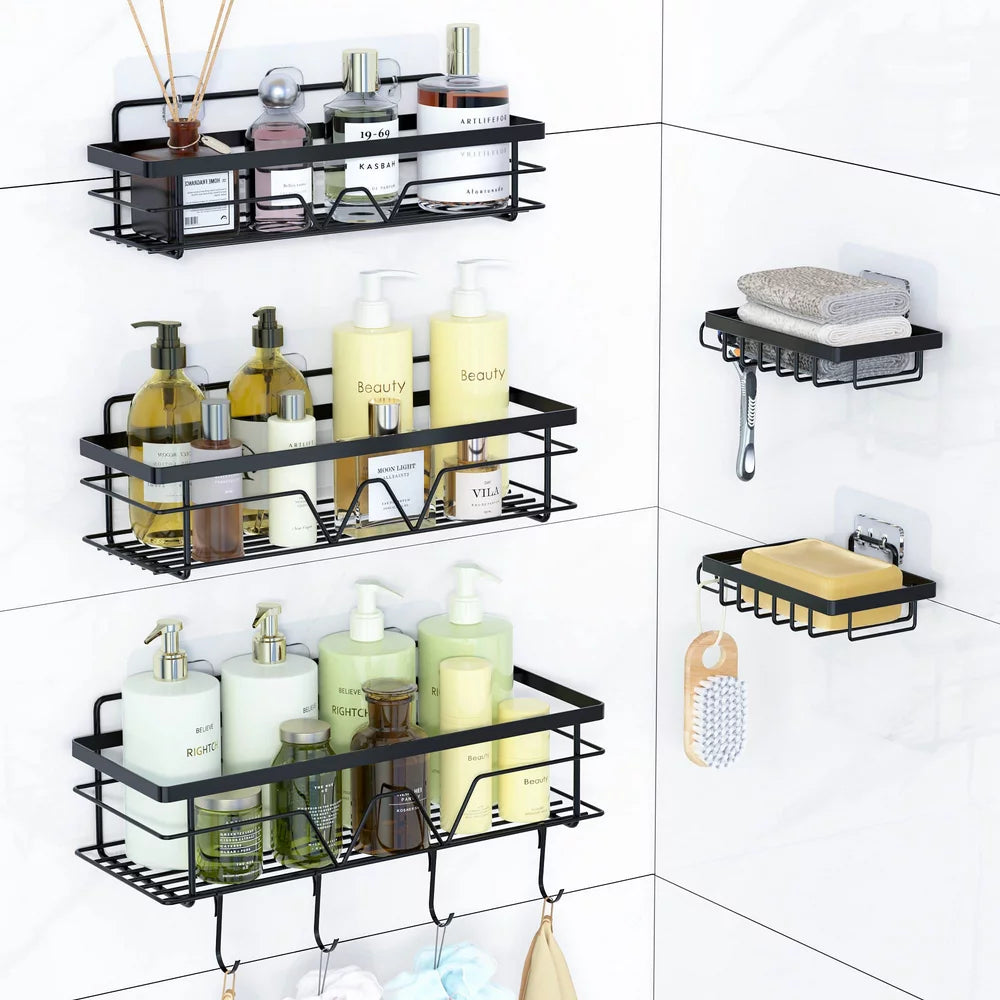 Shower Caddy Shelf Organizer, 5 Pack No Drilling Adhesive Wall Mounted Bathroom Organizer Basket, Black