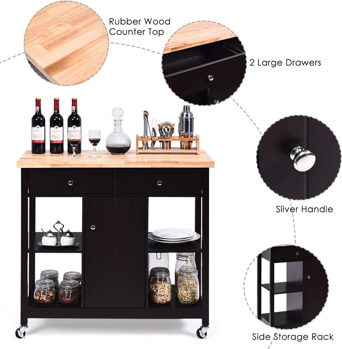 Kitchen Island on Wheels Kitchen Carts with Storage and Drawers, Wine Rack, Shelves, Glass Holder, Wood Top, Kitchen Rolling Cart Suitable for Home and Restaurant Kitchen Trolley (Brown)