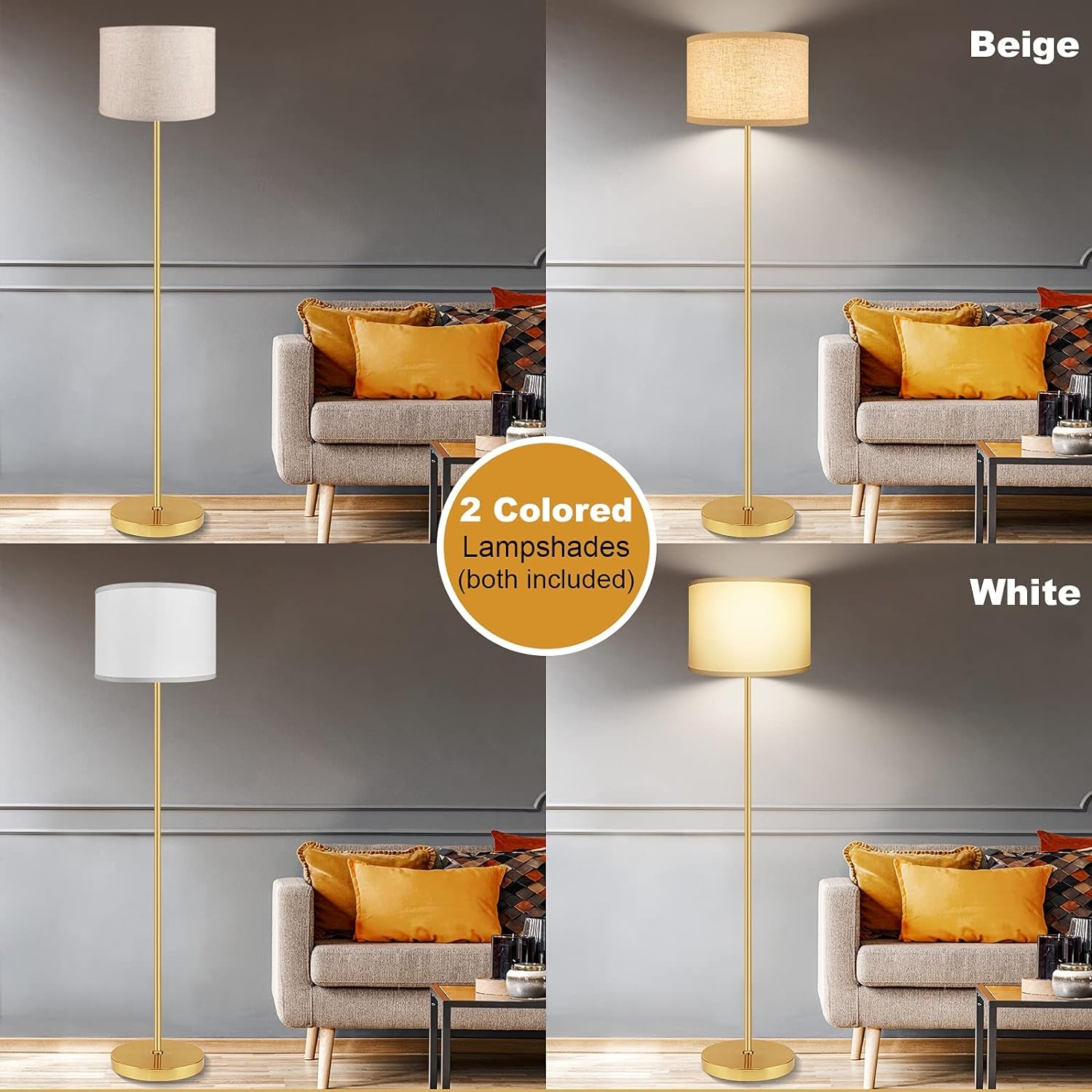 Floor Lamps for Living Room with 2 Lamp Shades, LED Modern Standing Lamp Simple Design, Tall Reading Pole Lamp Standing Light, Golden Bedside Floor Lamps for Bedroom, Office, Study Room