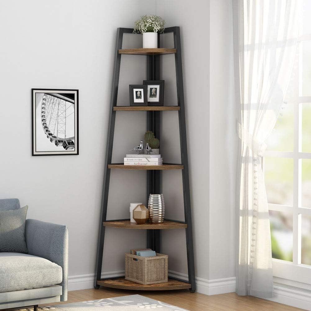 Rustic 5 Tier 70 Inch Tall Corner Shelf Bookshelf, Industrial Small Bookcase Corner Shelf Stand Furniture Plant Stand for Living Room, Small Space, Kitchen, Home Office (Rustic Brown)