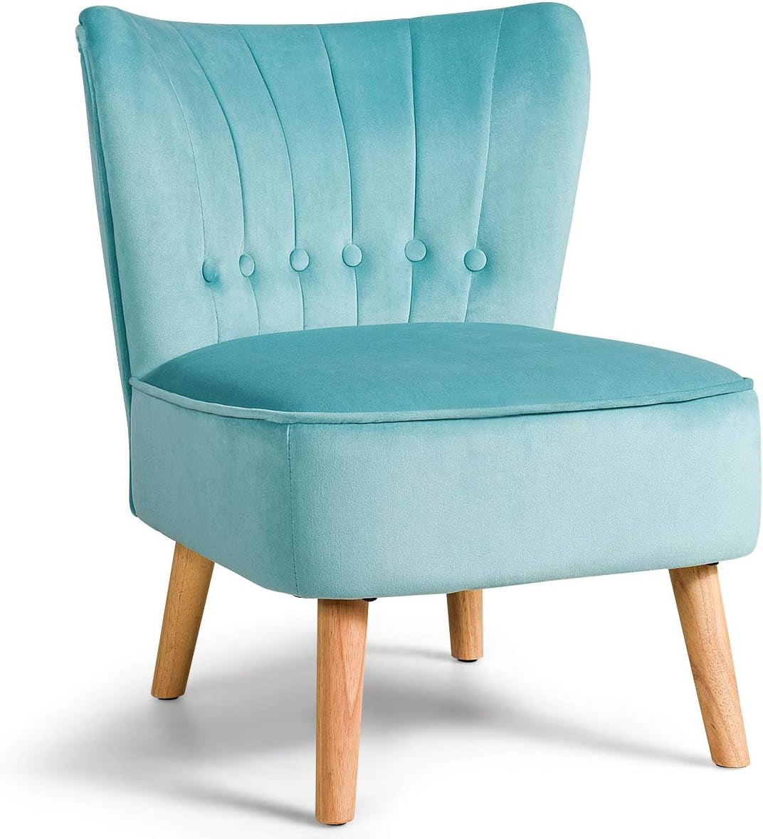 Modern Velvet Accent Chair, Small Upholstered Leisure Sofa Chair W/Wood Legs, Thickly Padded and Button Tufted, Armless Wingback Club Chairs for Living Room Bedroom Furniture, Turquoise