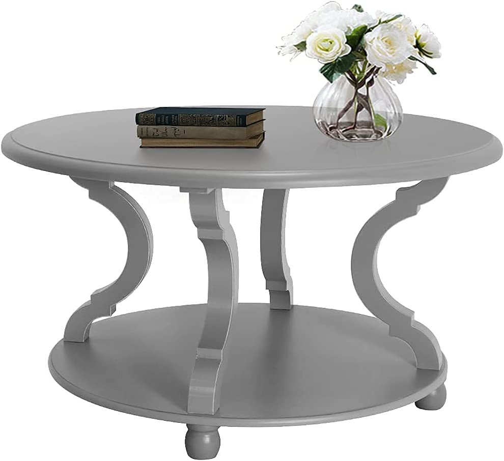 Wood Coffee Table,Round Coffee Table Living Room, round Cocktail Table with Storage, Sofa Table with Shelf, 31.0X18.3 Inches, Accent Tables with Carved Legs for Living Room, Gray