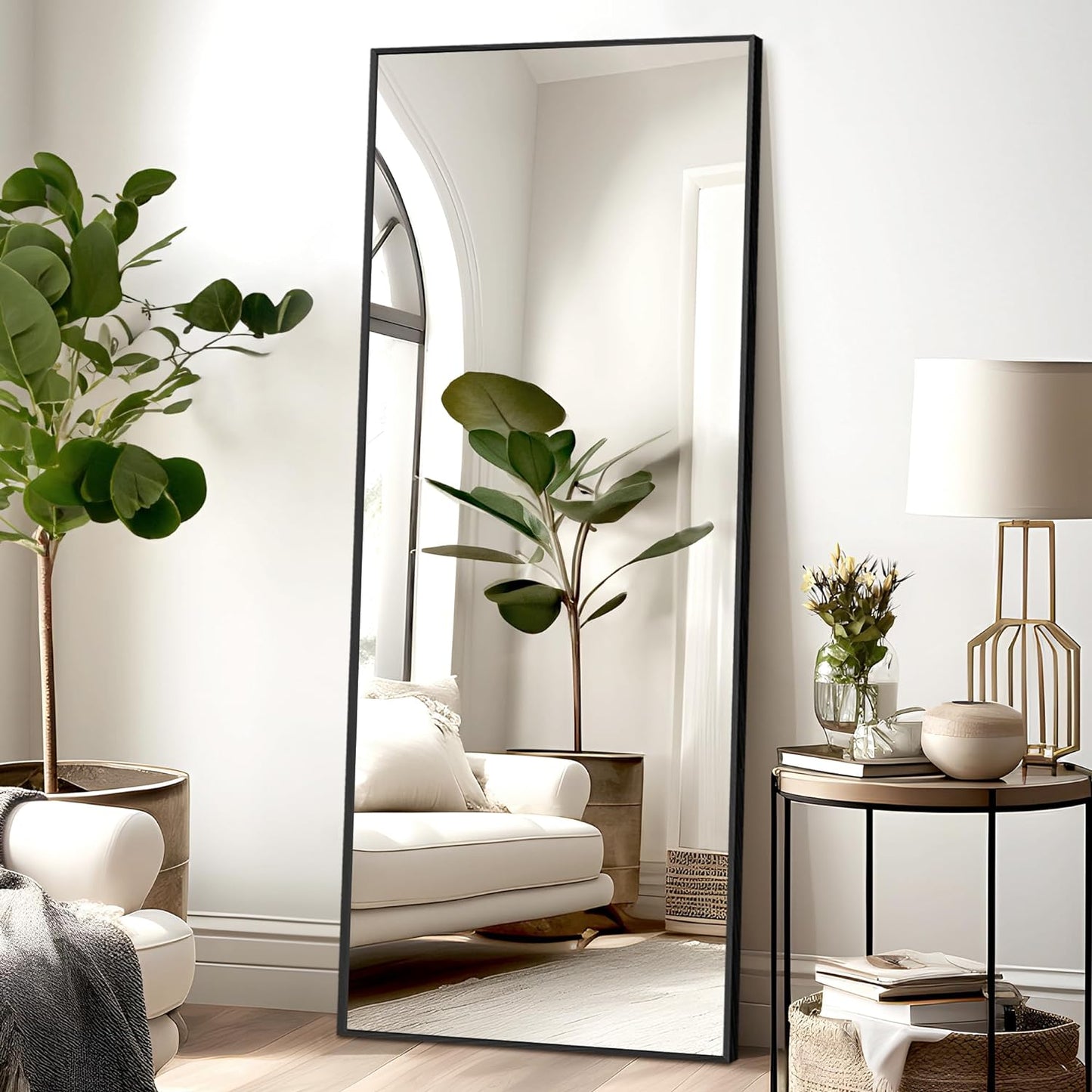 Full Length Mirror Standing Hanging or Leaning against Wall, Large, Rectangle, Bedroom Wall-Mounted Floor Dressing Mirror, Aluminum Alloy Thin Frame, Black, 65"X22"