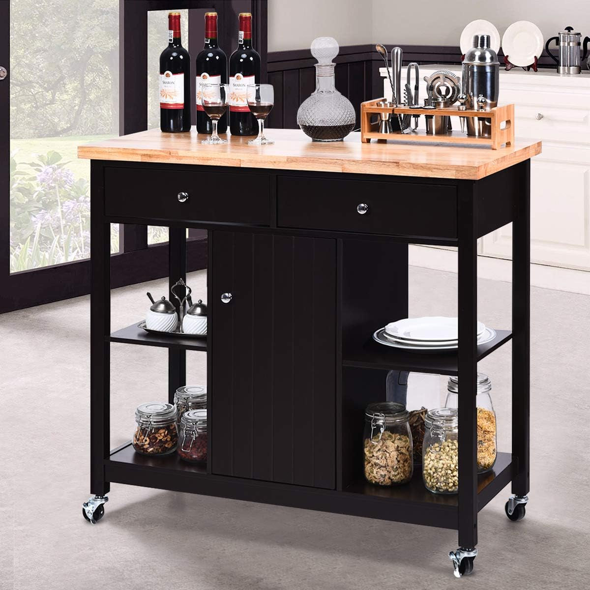 Kitchen Island on Wheels Kitchen Carts with Storage and Drawers, Wine Rack, Shelves, Glass Holder, Wood Top, Kitchen Rolling Cart Suitable for Home and Restaurant Kitchen Trolley (Brown)