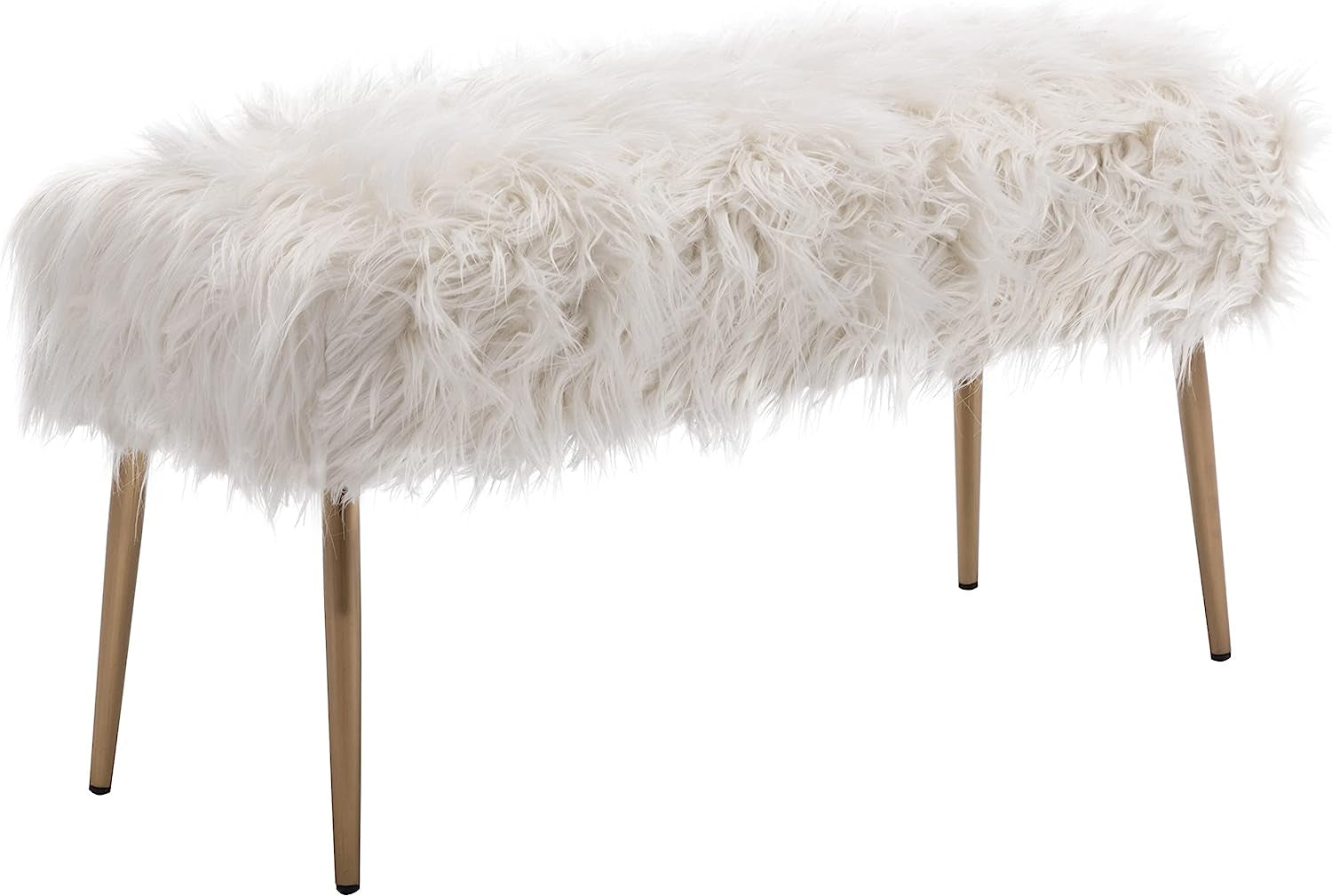 Faux Fur Vanity Bench Fluffy Entryway Bench Furry Ottoman Bench End of Bed Stool with Metal Gold Legs for Living Room Bedroom, White