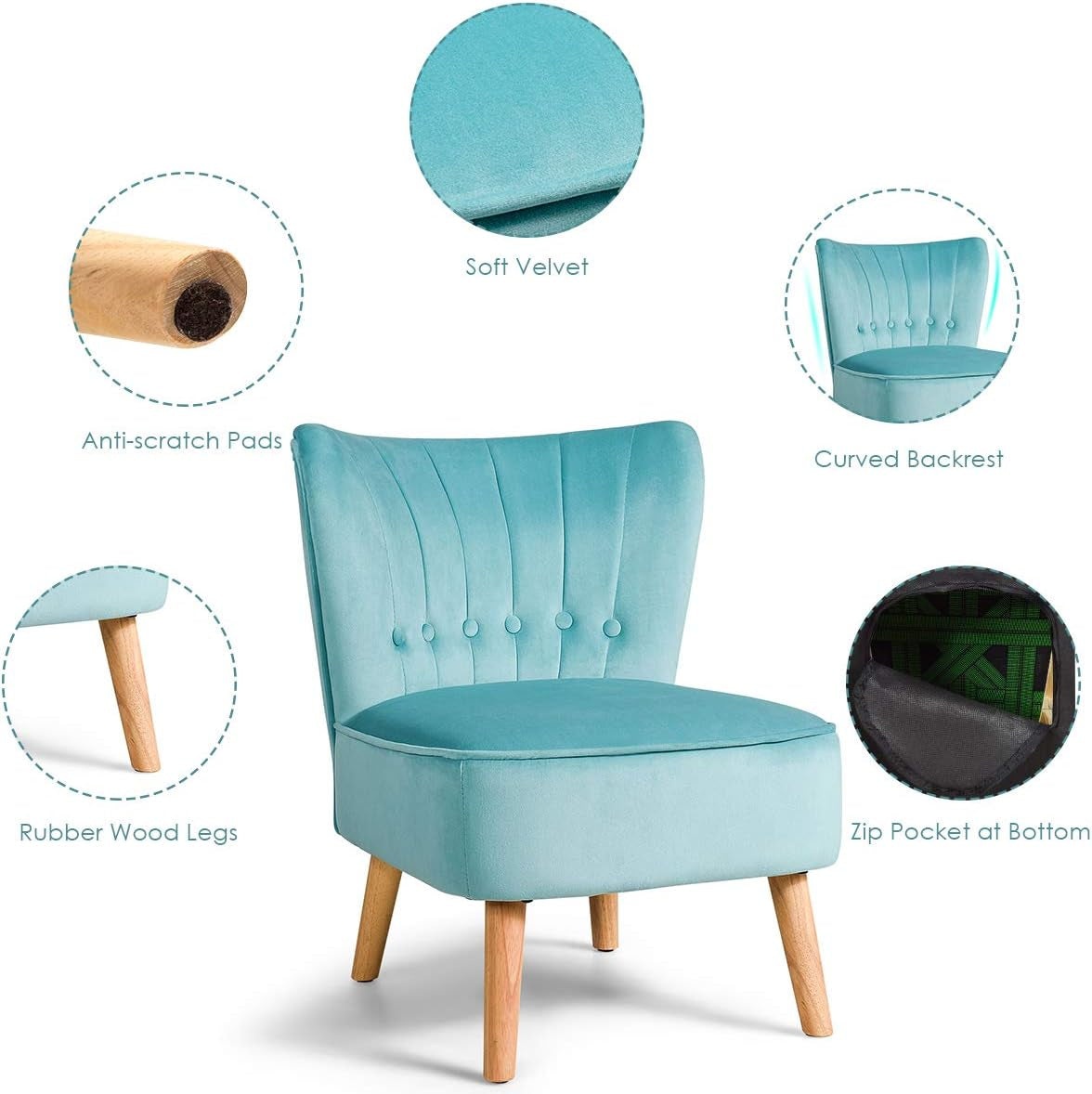 Modern Velvet Accent Chair, Small Upholstered Leisure Sofa Chair W/Wood Legs, Thickly Padded and Button Tufted, Armless Wingback Club Chairs for Living Room Bedroom Furniture, Turquoise