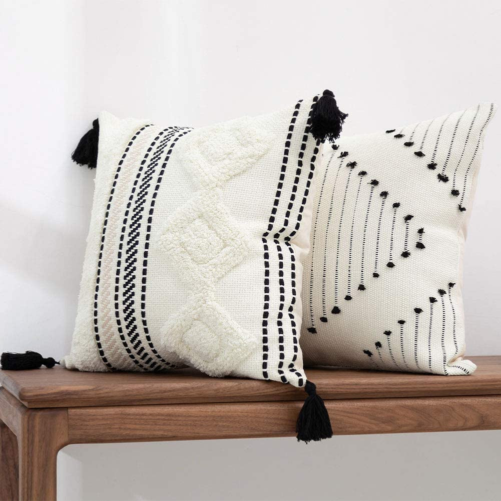 Boho Throw Pillow Covers, Black and Cream White, Set of 2 Modern Farmhouse Accent Home Decor, Neutral Woven Decorative Pillow Covers for Couch/Bed (20 X 20 Inches, Ivory/Black)