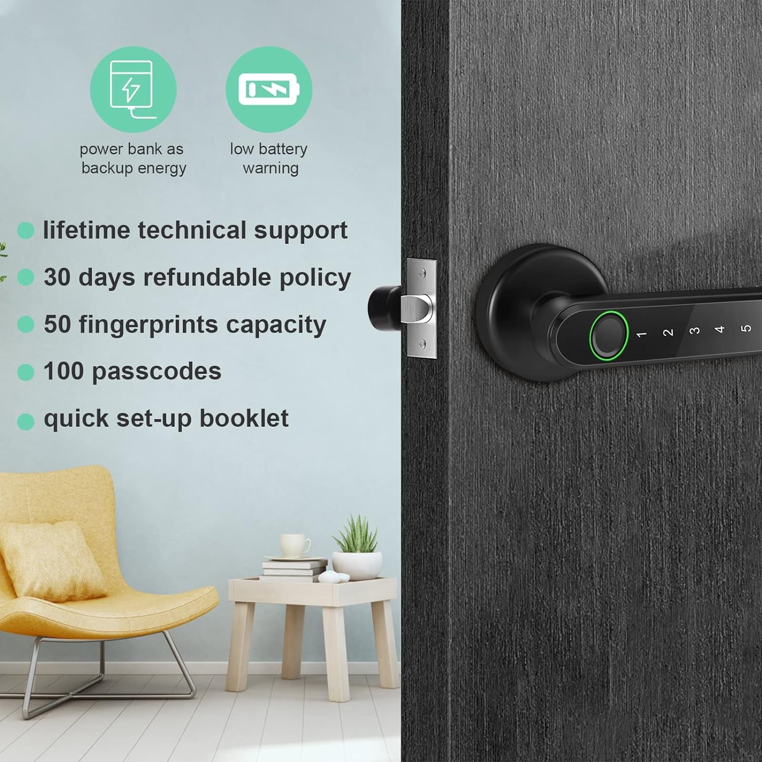 Smart Fingerprint Door Lock,Biometric Keyless Entry Door Lock, Deadbolt Door Lock with Keypad, Fingerprint Door Lock with Reversible Handle Locking for Home and Apartment, Black