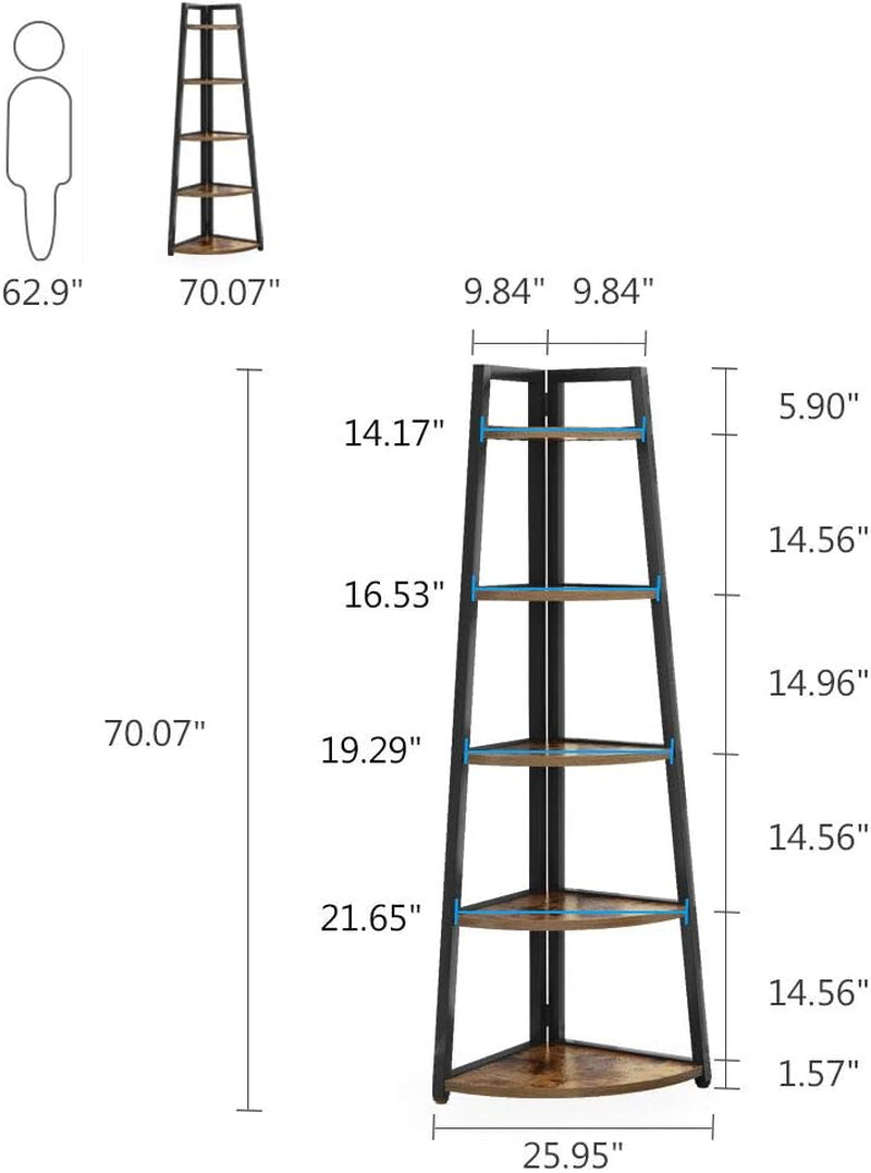 Rustic 5 Tier 70 Inch Tall Corner Shelf Bookshelf, Industrial Small Bookcase Corner Shelf Stand Furniture Plant Stand for Living Room, Small Space, Kitchen, Home Office (Rustic Brown)