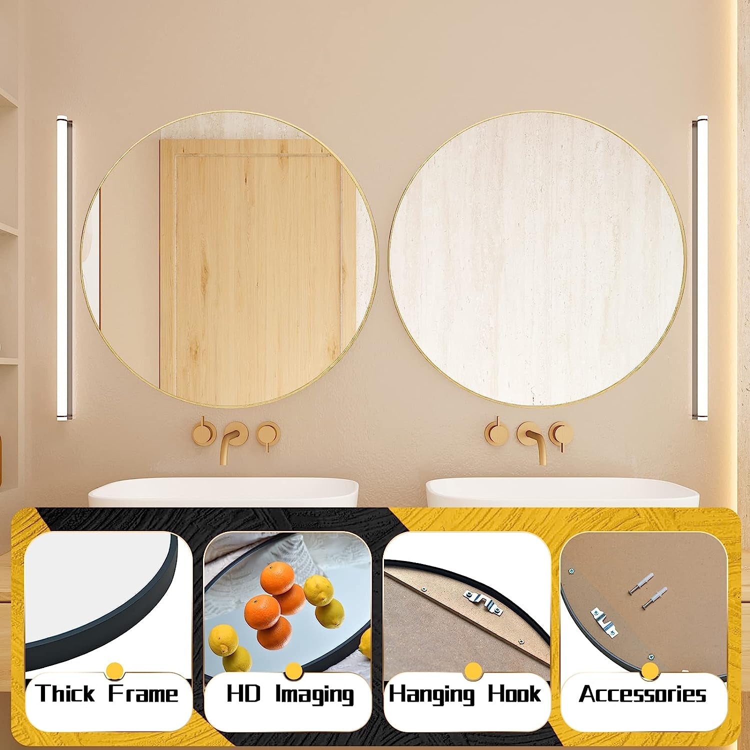 20" Wall Circle Mirror for Bathroom, Matte Gold round Mirror for Wall, 20 Inch Hanging round Mirror for Living Room, Vanity, Bedroom