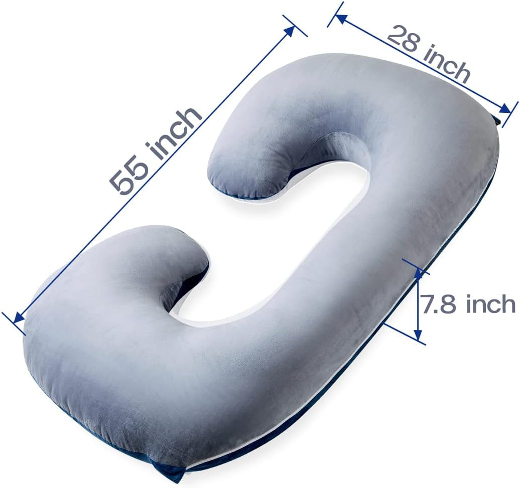 Pregnancy Pillows - C Shaped Maternity Pillow for Sleeping - Support for Back, Hips, Legs and Belly with Washable Velvet Cover, Blue and Grey