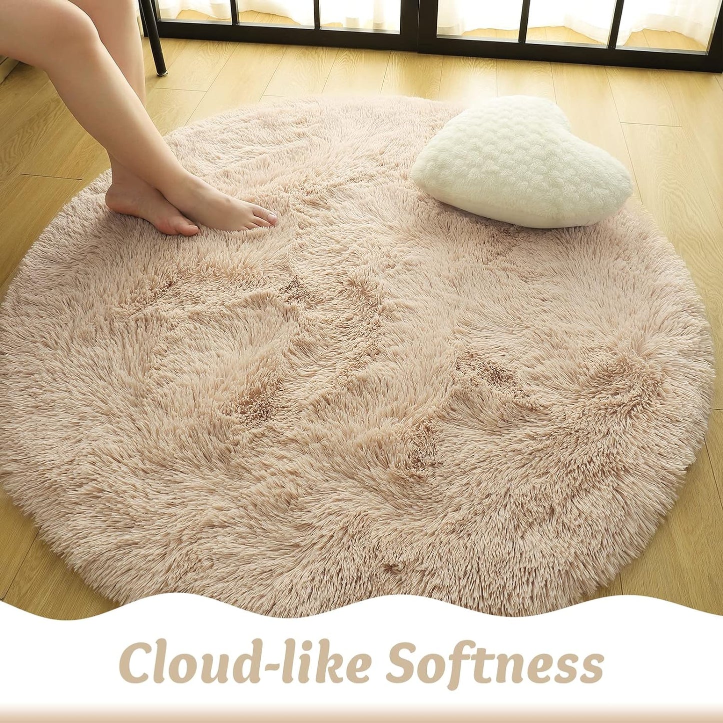 Soft round Fluffy Bedroom Rugs for Girls Boys, Fuzzy Circle Area Rug for Nursery Playing Reading Room, Kids Room Carpets Shaggy Cute Rugs for Dorm Bedside Home Décor, 4 Feet, Beige