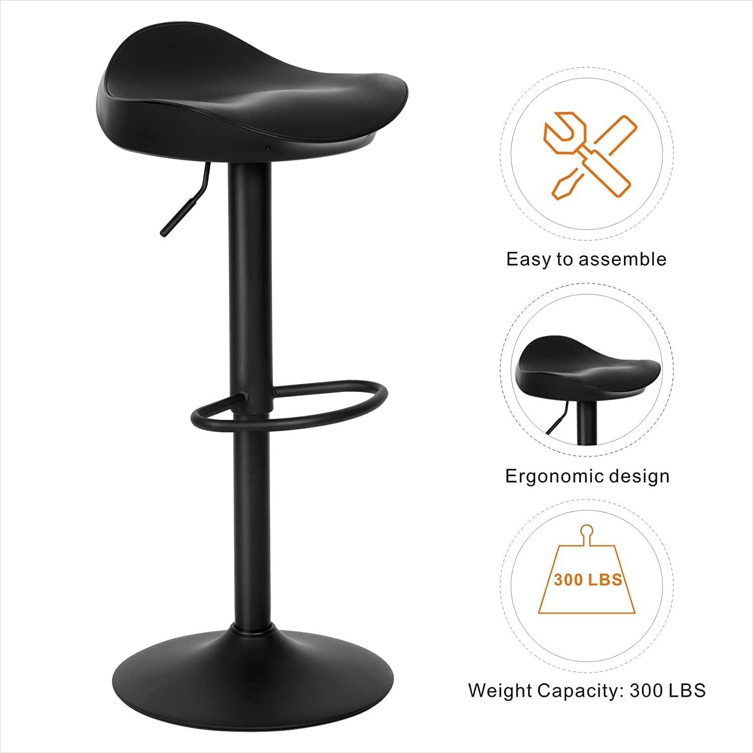 Bar Stools Set of 2 Easy to Assemble,Modern Saddle Swivel Counter Stools,Adjustable Barstools,Loads up to 300 Lbs,Black