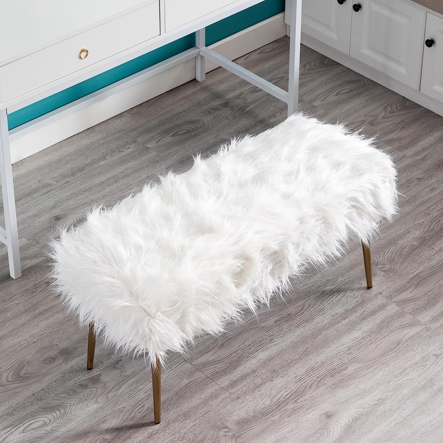 Faux Fur Vanity Bench Fluffy Entryway Bench Furry Ottoman Bench End of Bed Stool with Metal Gold Legs for Living Room Bedroom, White