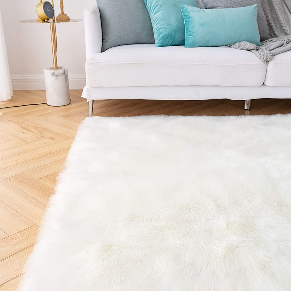 Shaggy Soft Faux Sheepskin Fur Area Rugs Floor Mat Luxury beside Carpet for Bedroom Living Room 6Ft X 9Ft, White