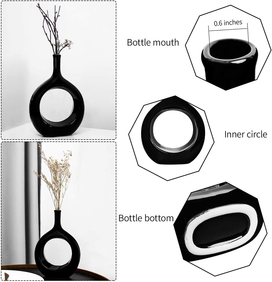 Samawi Black Vase Set of 2 Black Ceramic Vase Black Decor Black Vase Set Black Flower Vase Black Vases for Decor Black Tall Vase Modern Living Room Decor Modern Vases for Home Decor Black Modern Vase