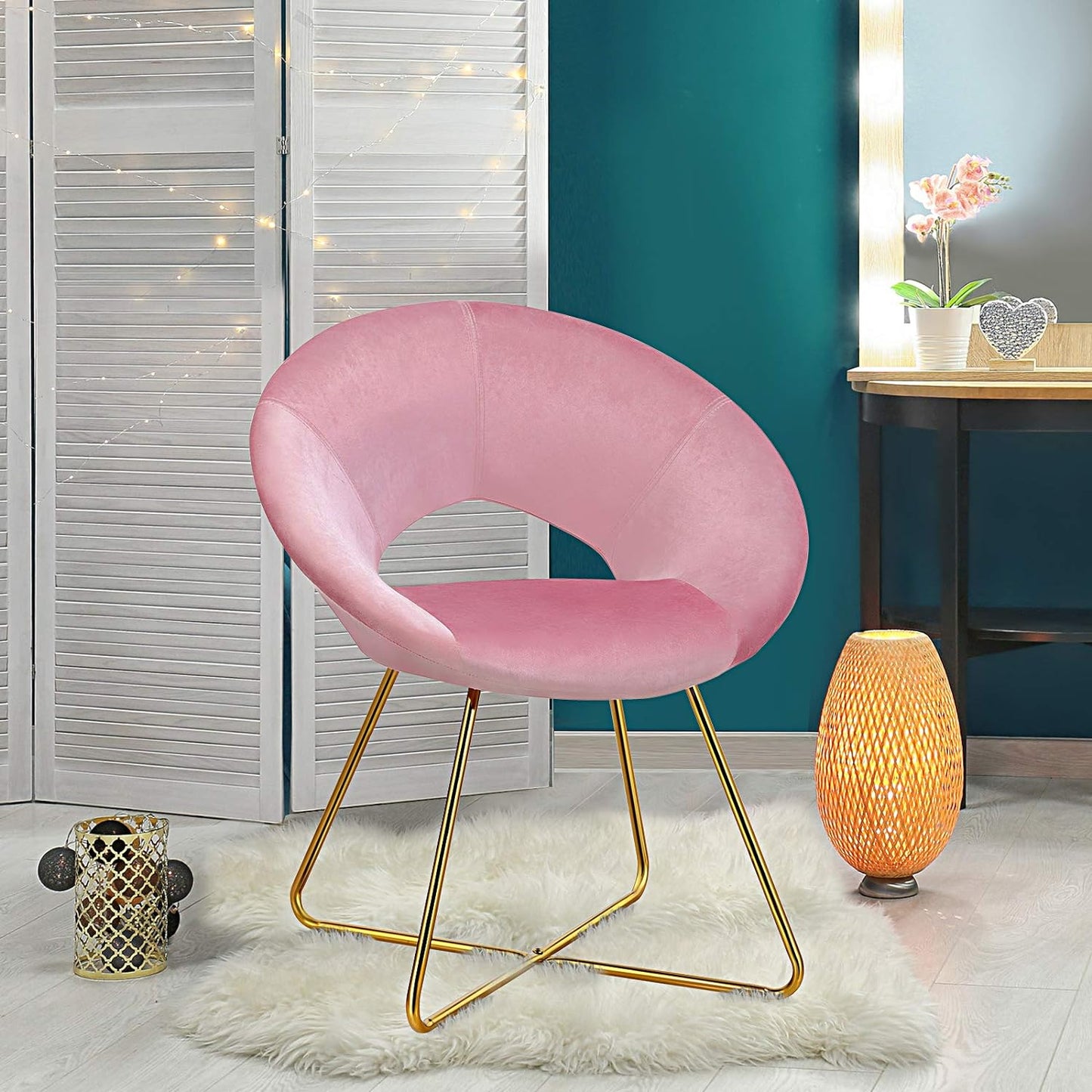 Modern Velvet Accent Chair Set of 2, Comfy Cute Upholstered Vanity Desk Chair, Max Load 300 Lbs, Decorative Mid Century Single Sofa Armchair for Living Room, Bedroom, Dining Room, Pink