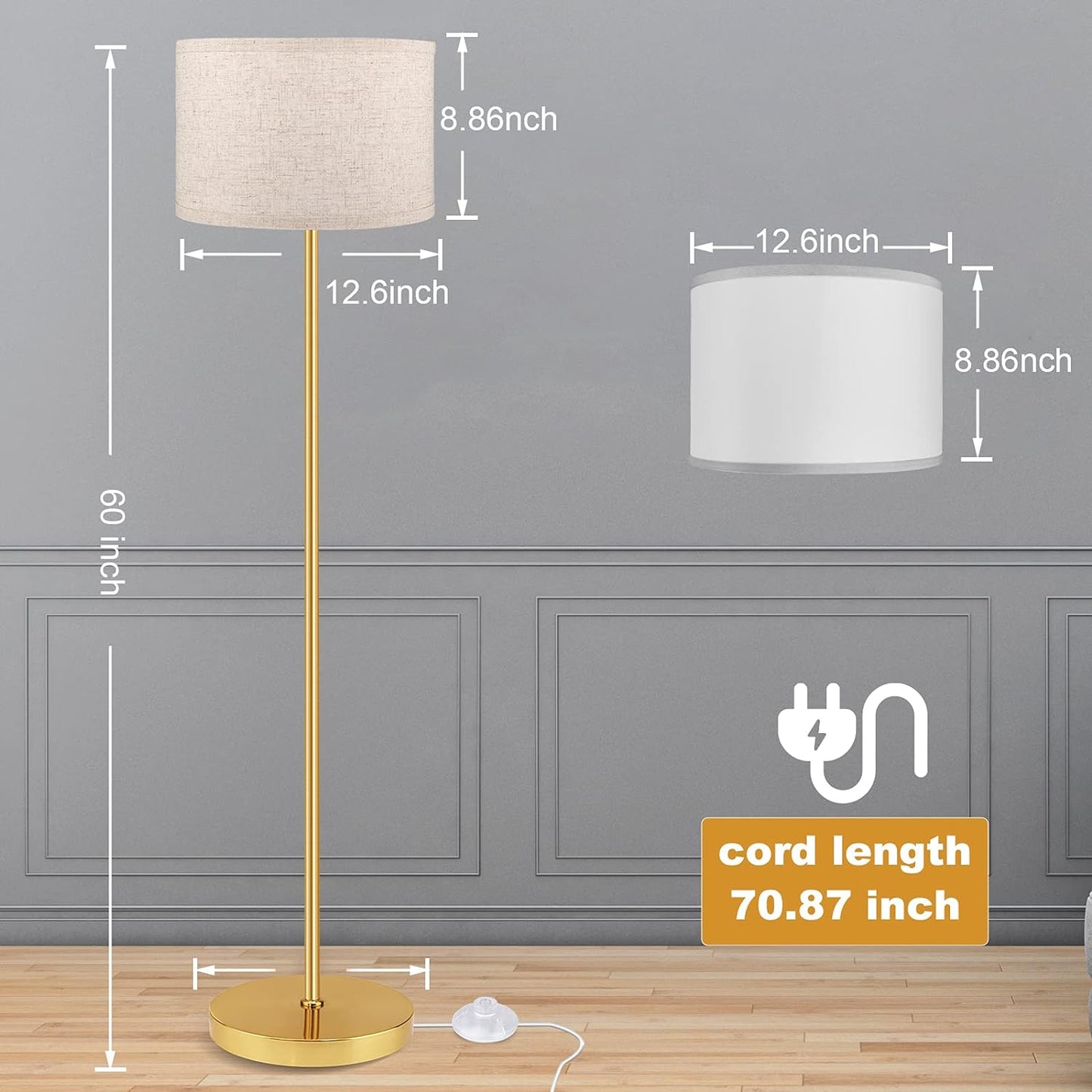 Floor Lamps for Living Room with 2 Lamp Shades, LED Modern Standing Lamp Simple Design, Tall Reading Pole Lamp Standing Light, Golden Bedside Floor Lamps for Bedroom, Office, Study Room