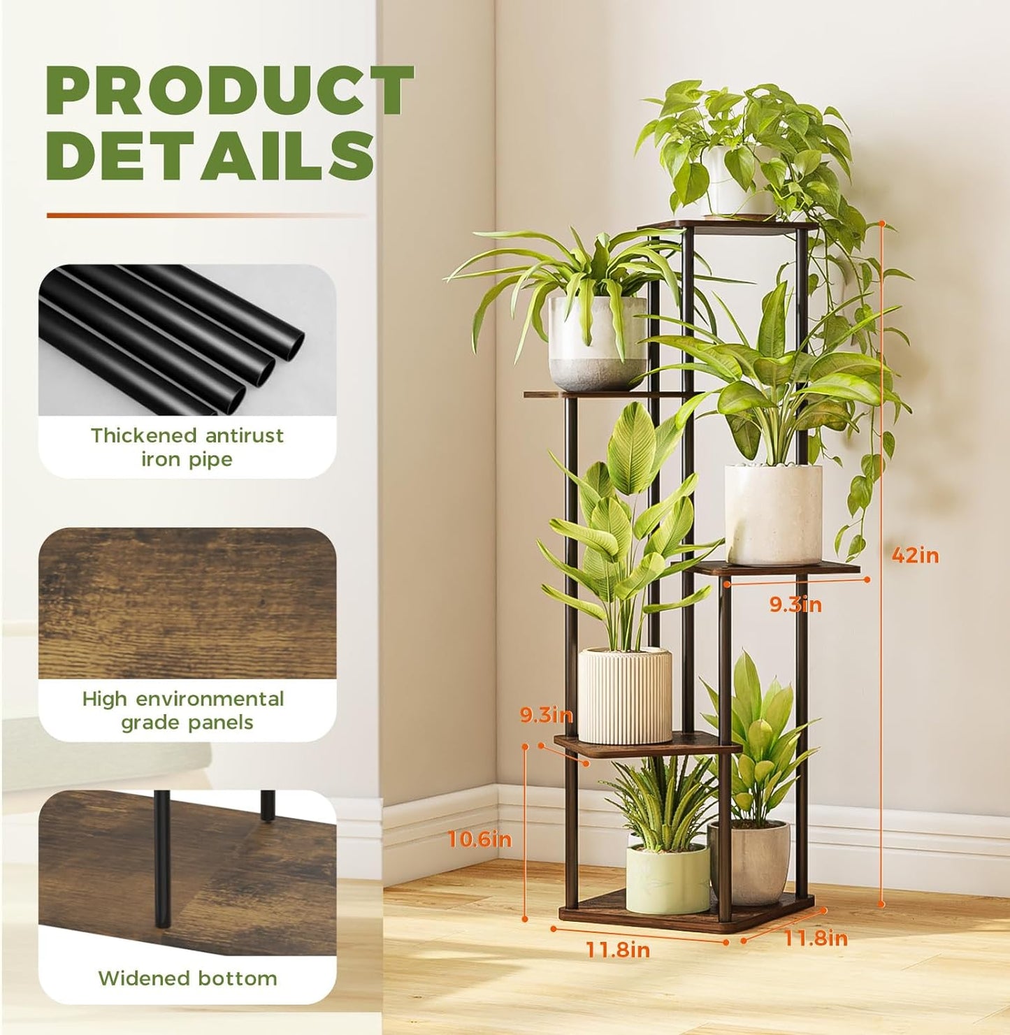 5 Tier Tall Plant Stand Indoor, Corner Metal Plant Shelf for Multiple Plants, Tiered Black Flower Stand for Patio Garden Balcony Living Room Bedroom