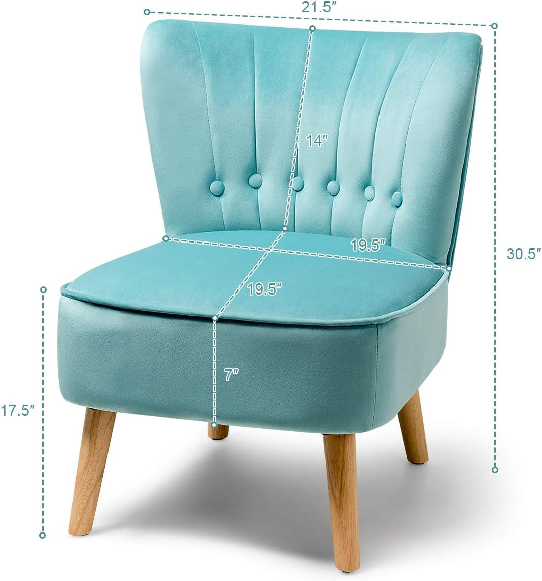 Modern Velvet Accent Chair, Small Upholstered Leisure Sofa Chair W/Wood Legs, Thickly Padded and Button Tufted, Armless Wingback Club Chairs for Living Room Bedroom Furniture, Turquoise