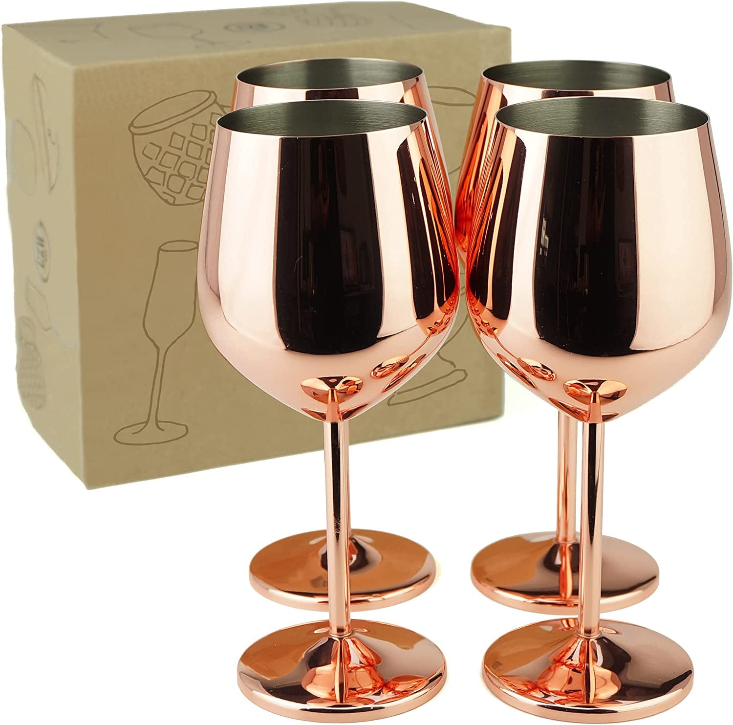 Copper/Rose Gold Stem Stainless Steel Wine Glass Set 4-18.5 Oz