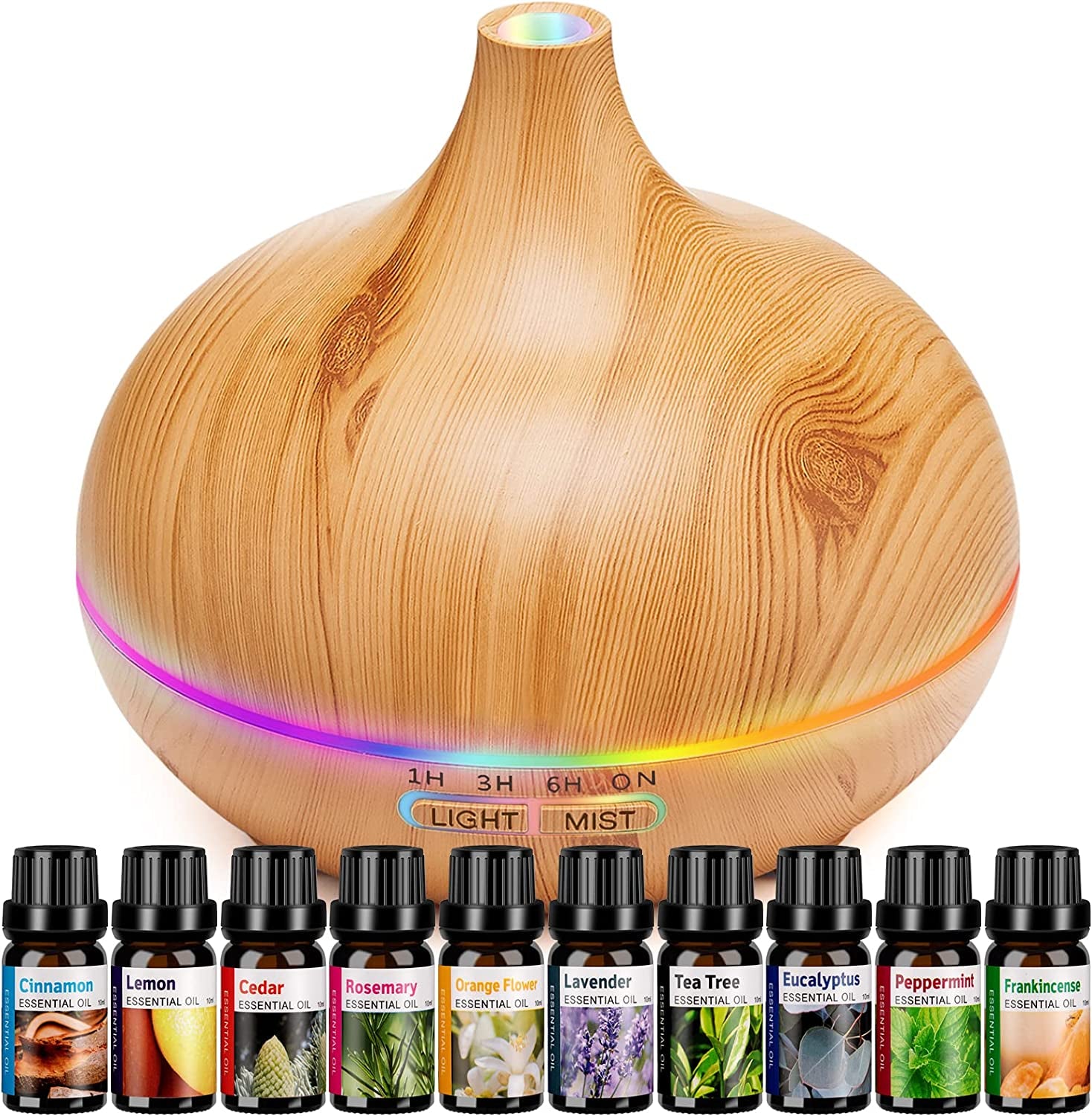 Aroma Diffuser for Essential Oil Large Room Diffusers Set with 10 Essential Oils,Ultrasonic 550Ml Aromatherapy Diffuser with Essential Oil, Bedroom Vaporizer Cool Mist Humidifier for Home Office