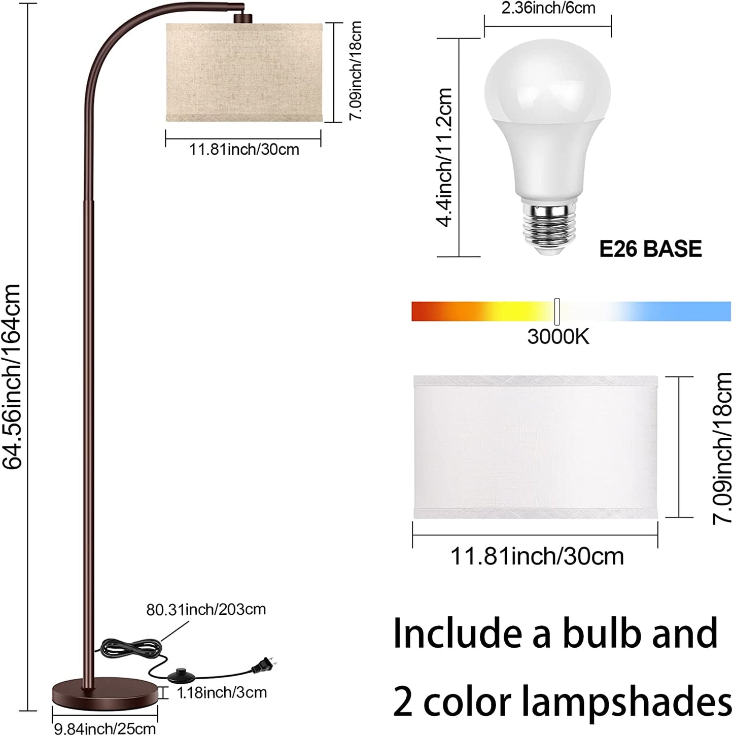 Floor Lamp for Living Room, Oil-Rubbed Bronze LED Standing Lamp with 2 Lamp Shades (Beige/White), Classic Tall Reading Pole Lamp with LED Bulb, Modern Adjustable Floor Lamp for Bedroom Study