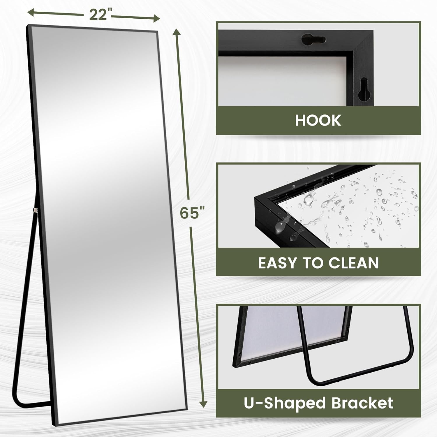 Full Length Mirror Standing Hanging or Leaning against Wall, Large, Rectangle, Bedroom Wall-Mounted Floor Dressing Mirror, Aluminum Alloy Thin Frame, Black, 65"X22"