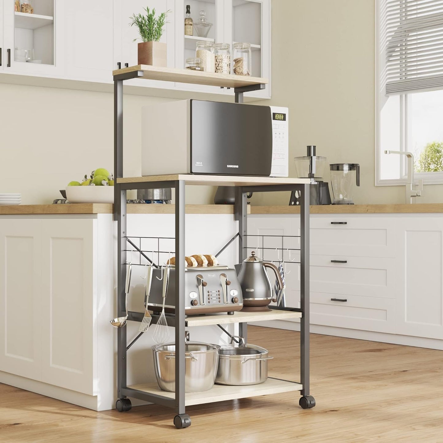 Kitchen Bakers Rack Microwave Stand Kitchen Cart on Wheels Utility Storage Shelf with 10 Side Hooks Kitchen Organizer Shelves with Adjustable Feet