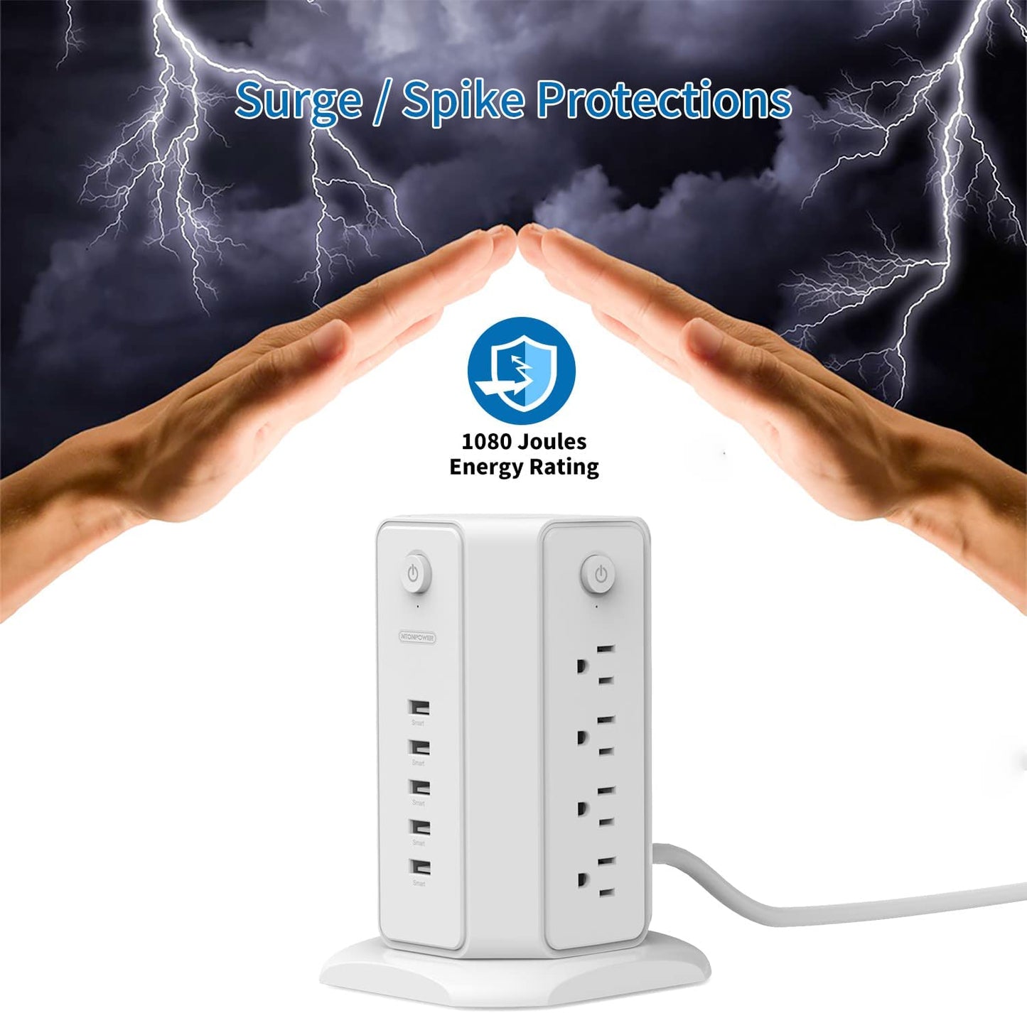 Power Strip Tower Surge Protector,  8 Outlet 5 USB Desktop Charging Station 1625W 13A, 6FT Extension Cord Flat Plug, Individual Switches, 1080 Joules, Overload Protection for Home Office