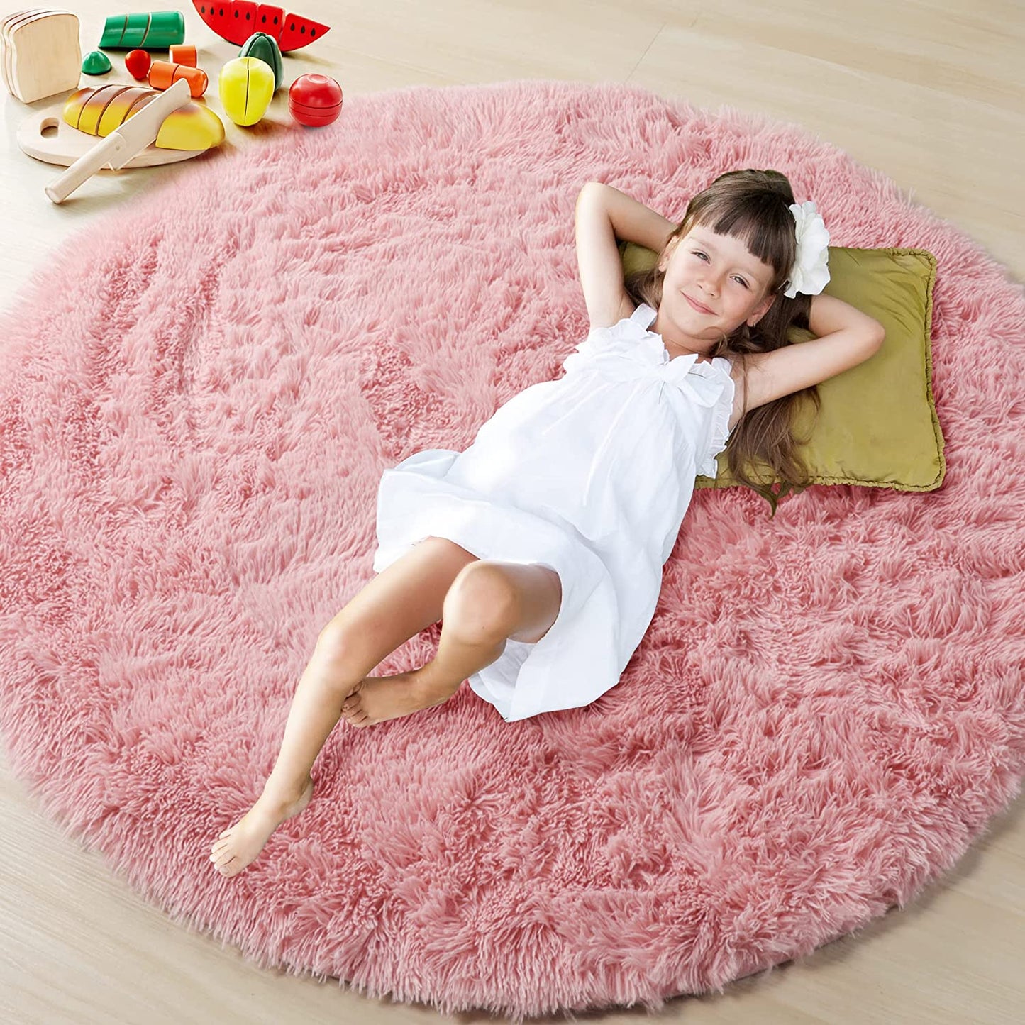 Pink round Area Rug 4X4, Soft Bedroom Circle Rugs Mats for Kids Girls Teen Room, Kawaii Fluffy Plush Shaggy Carpet for Baby Nursery Living Room Playroom Home Decor Princess Castle