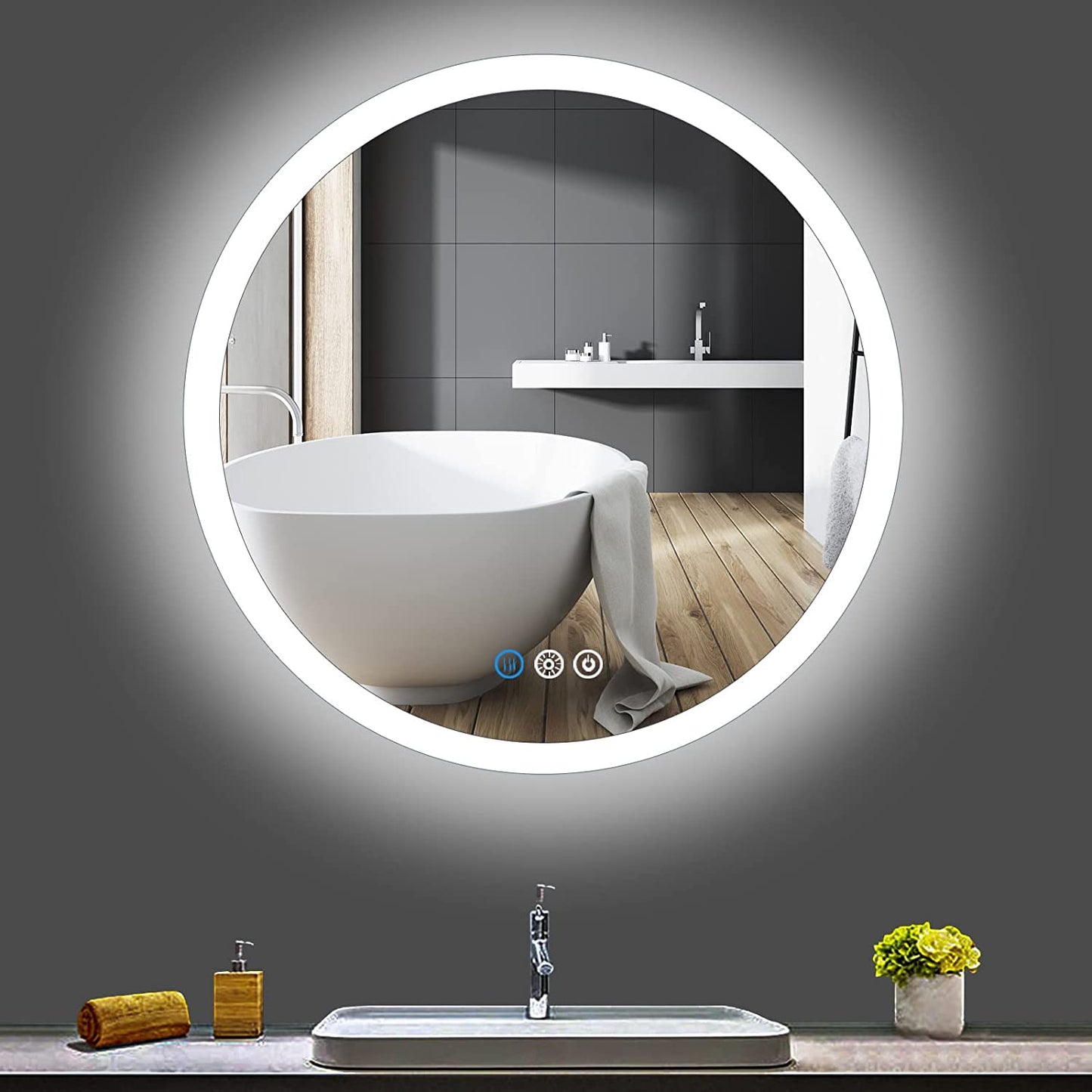 Round Bathroom Mirror with LED Lights, Illuminated Anti-fog Light