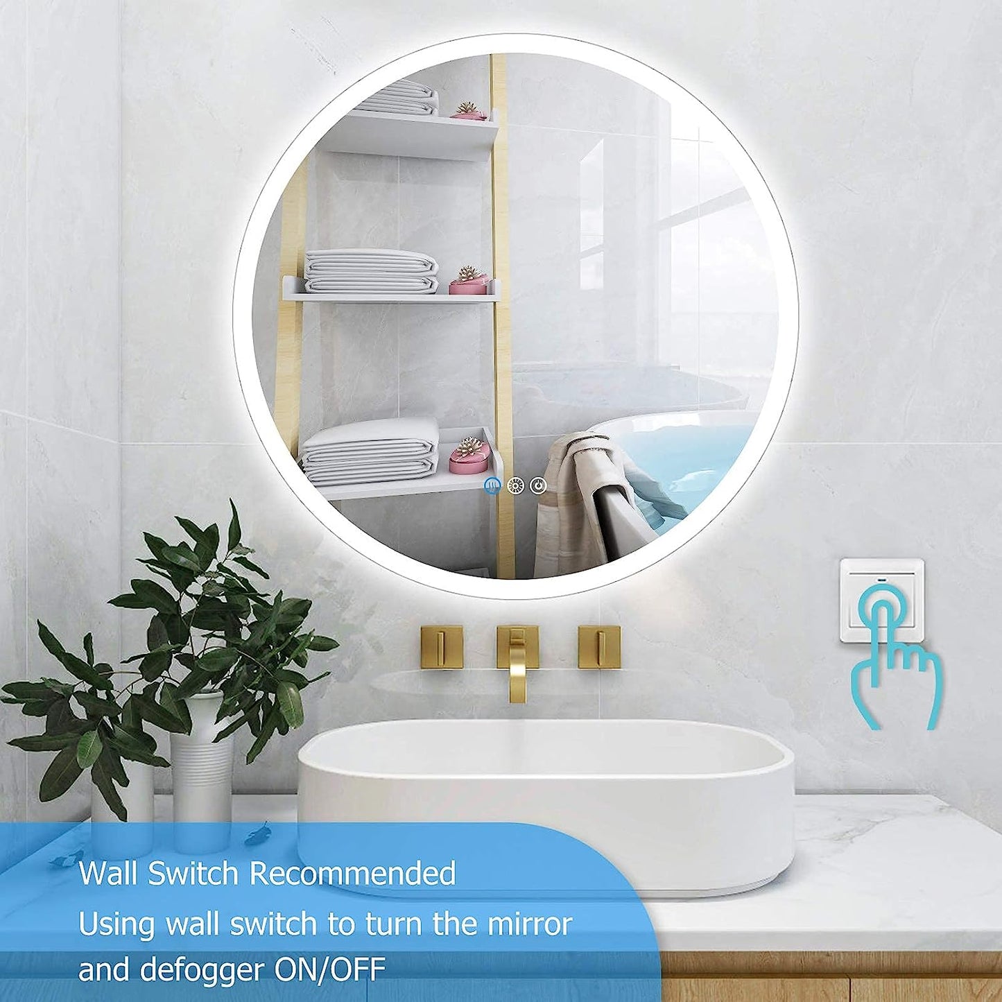 24" round LED Mirror for Bathroom, Anti-Fog Bathroom Vanity Mirror with Lights, Shatter-Proof, 3000-6000K, Stepless Dimmable LED Lighted Mirror, Backlit Bathroom Mirrors for Wall