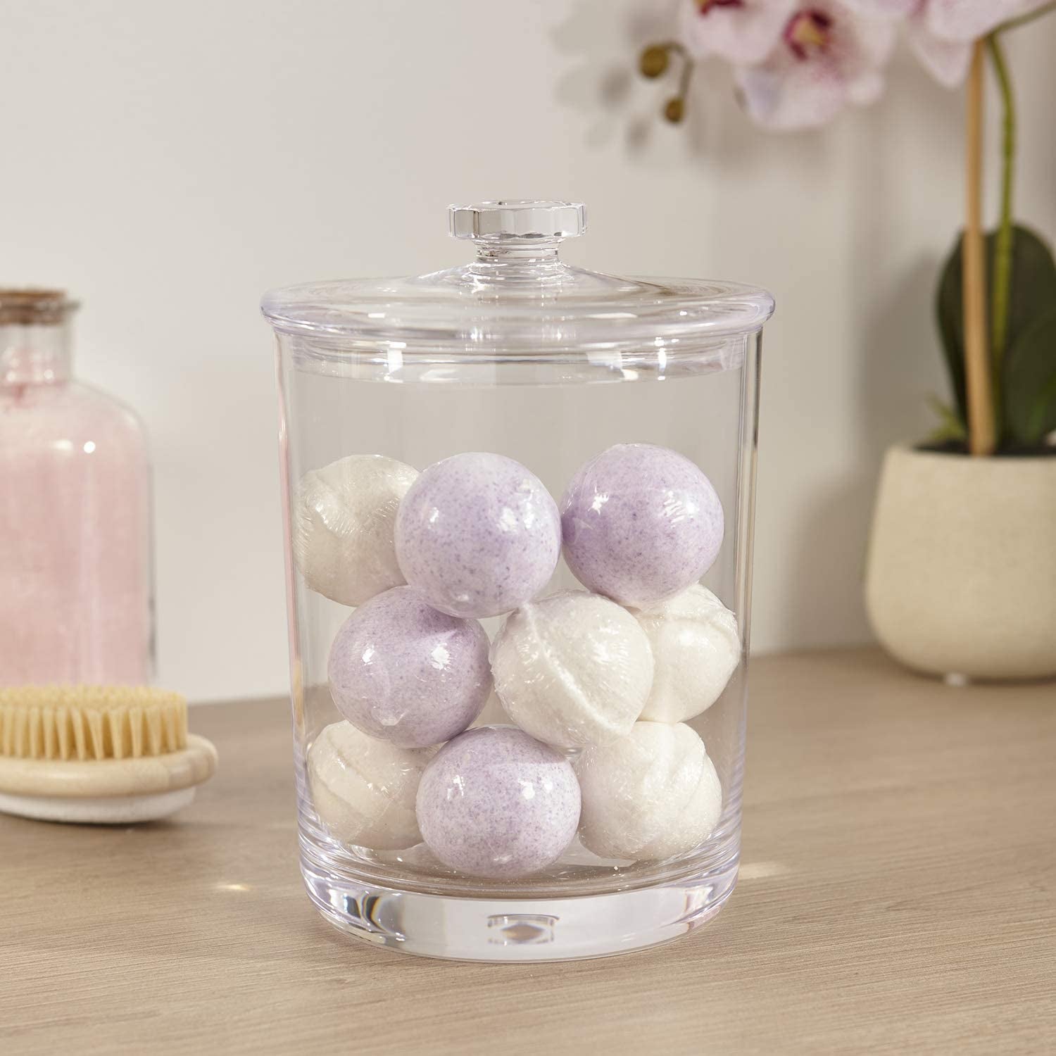 Premium Quality Makeup and Cotton Ball Holders | 60-Oz Clear Plastic Apothecary Jar with Lid | Perfect Storage Container to Organize Bathroom and Vanity