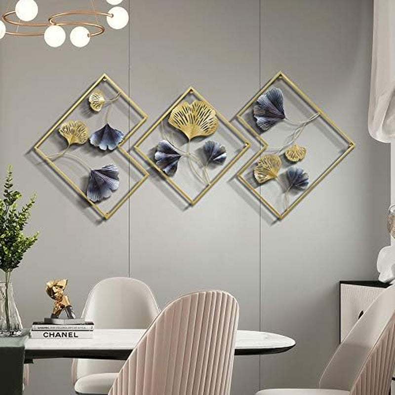 Iron Wall Sculptures - Set of 3 Diamond Shaped Metal Wall Decor with Gingko Biloba Art Great for Home Hotel Decoration(Gold&Gray)