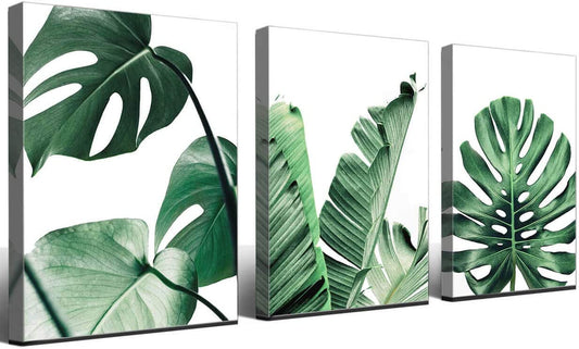 Canvas Wall Art Green Leaf Simple Life Painting Dathroom Wall Decor Monstera Plant 3 Pieces Framed Canvas Pictures Contemporary Watercolor Artwork Ready to Hang for Home Decoration Office Wall Decor