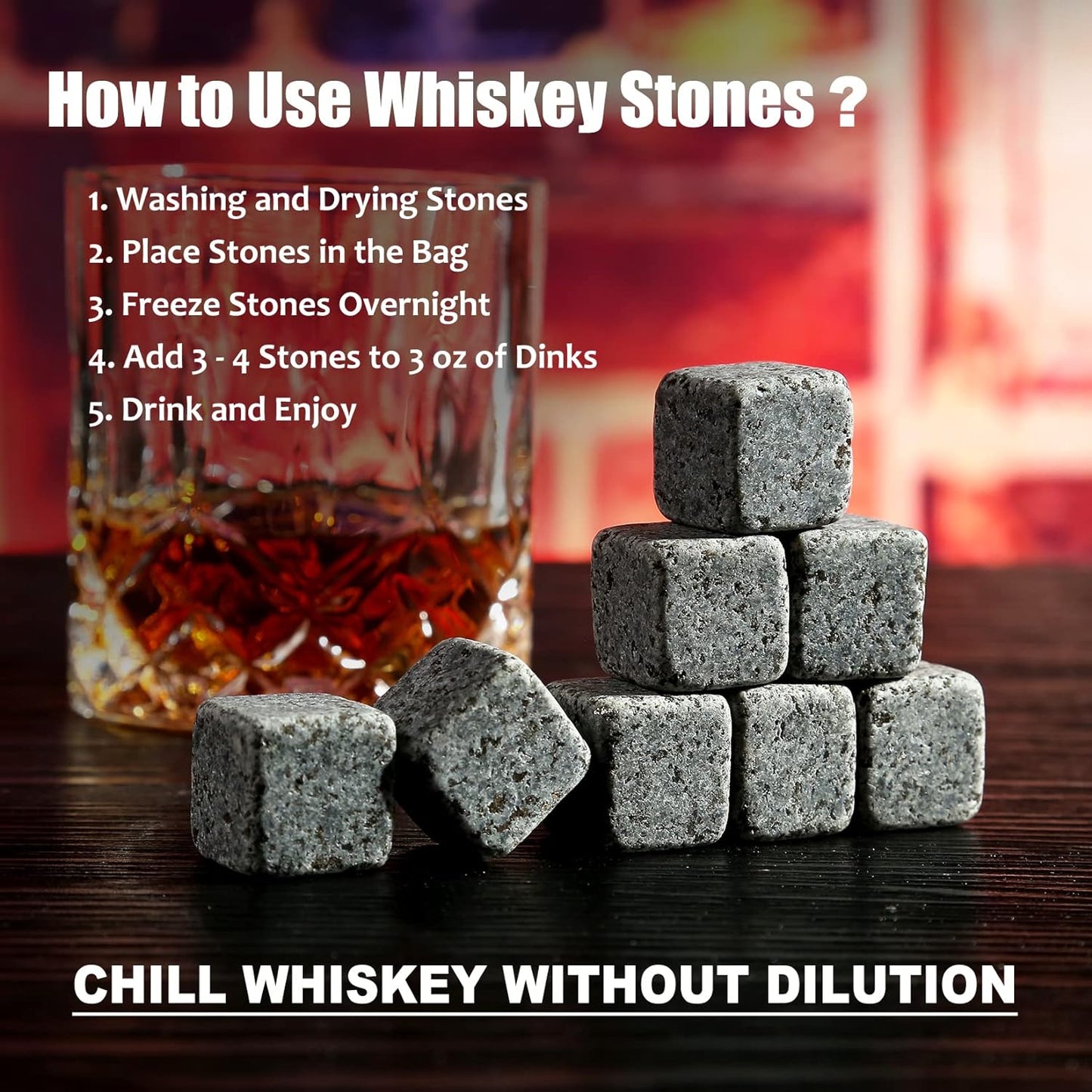 Whiskey Stones Gift Set - Whiskey Glass Set of 2 - Granite Chilling Whiskey Rocks - Scotch Bourbon Box Set - Best Drinking Gifts for Men Dad Husband Birthday Party Holiday Present