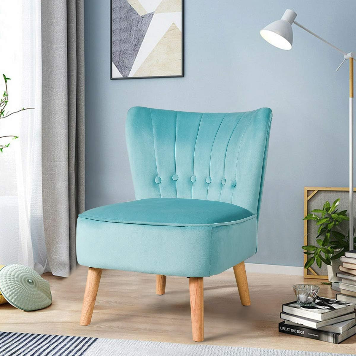 Modern Velvet Accent Chair, Small Upholstered Leisure Sofa Chair W/Wood Legs, Thickly Padded and Button Tufted, Armless Wingback Club Chairs for Living Room Bedroom Furniture, Turquoise