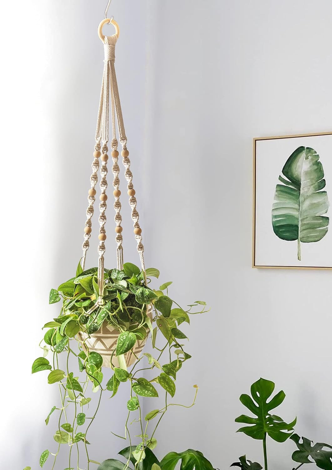 2 Pack Macrame Plant Hangers Indoor Boho Hanging Plant Holders with Wood Beads Macrame Hanging Planter Baskets Ivory 33.5" No Tassels