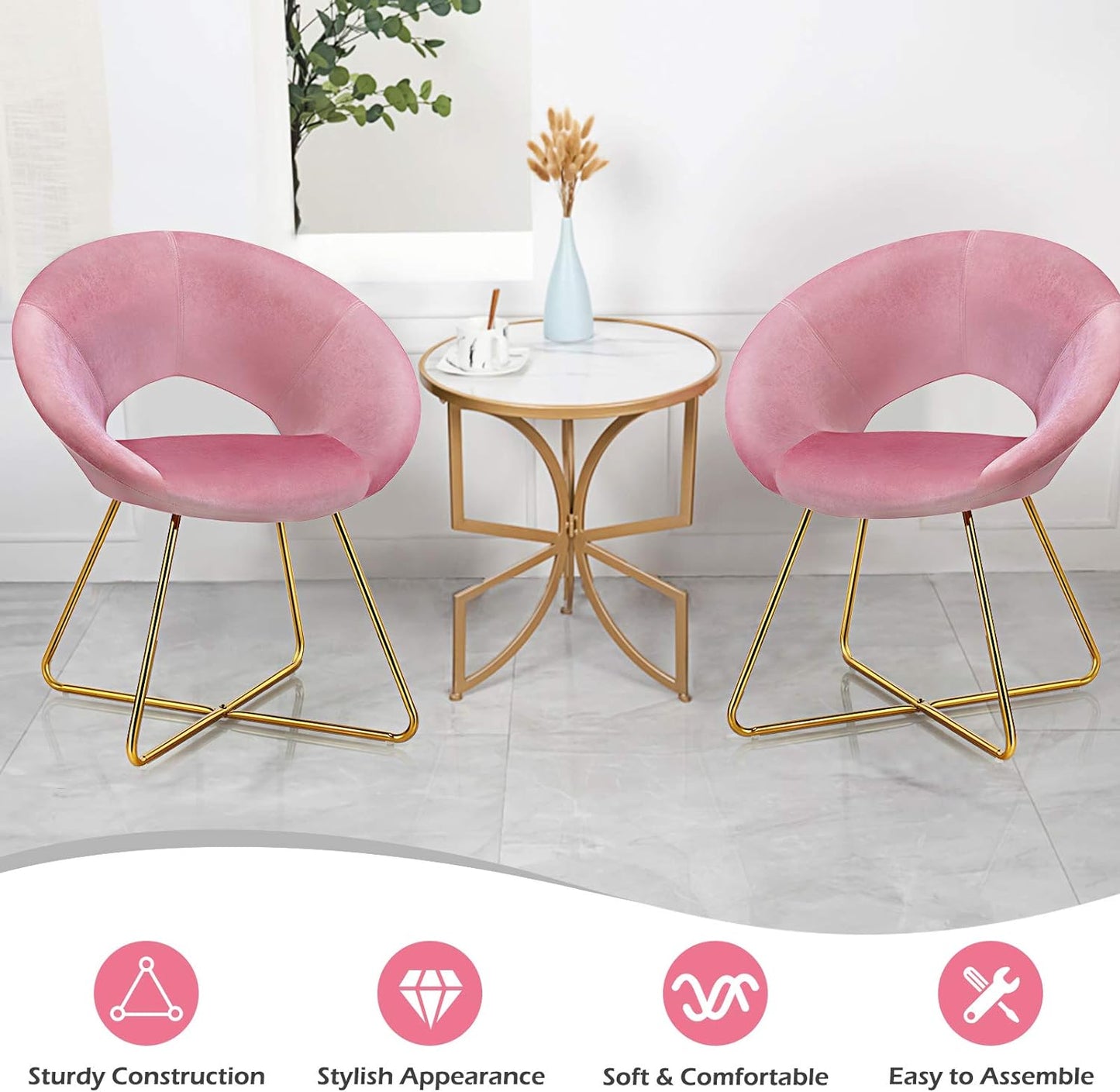 Modern Velvet Accent Chair Set of 2, Comfy Cute Upholstered Vanity Desk Chair, Max Load 300 Lbs, Decorative Mid Century Single Sofa Armchair for Living Room, Bedroom, Dining Room, Pink