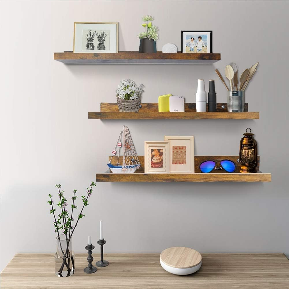 24 Inch Floating Shelves Wall Mounted Set of 3, Rustic Large Wall Shelves Picture Ledge Shelf for Bedroom Living Room Bathroom Kitchen, 3 Different Sizes