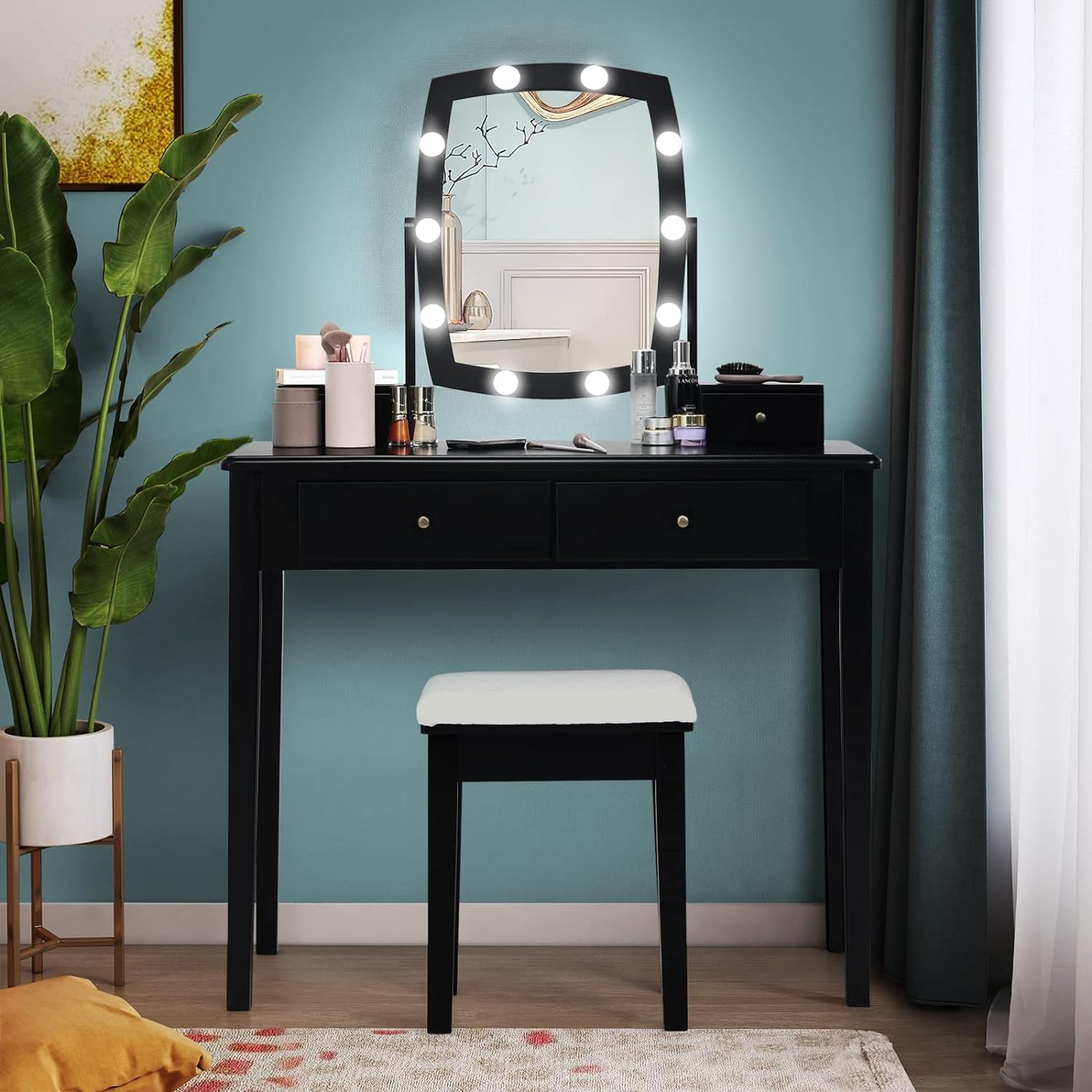 Vanity Table Set with Lighted Mirror, 10 LED Bulbs Adjustable Brightness, 4 Drawers 2 Dividers, Modern Bedroom Makeup Desk Dressing Table with Cushioned Stool for Girls Women (Black)