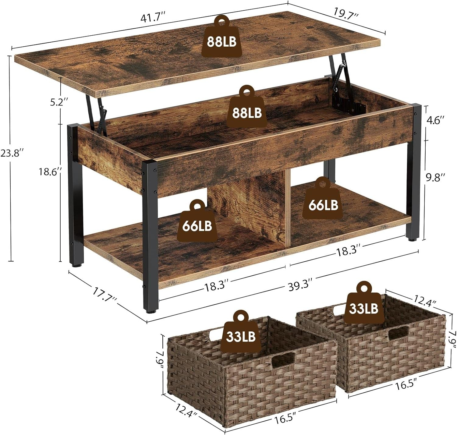 Coffee Table Lift Top with Hidden Storage Compartment and 2 Rattan Baskets, 41.7" Retro Central Wooden Tabletop and Metal Frame for Living Room, Rustic Brown