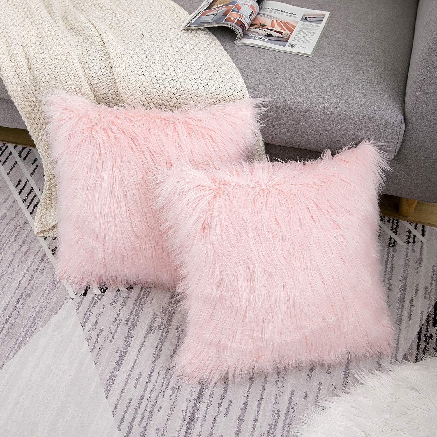 Valentines Day Set of 2 Pink Fluffy Pillow Covers New Luxury Series Merino Style Blush Faux Fur Decorative Throw Pillow Covers Square Fuzzy Cushion Case 18X18 Inch