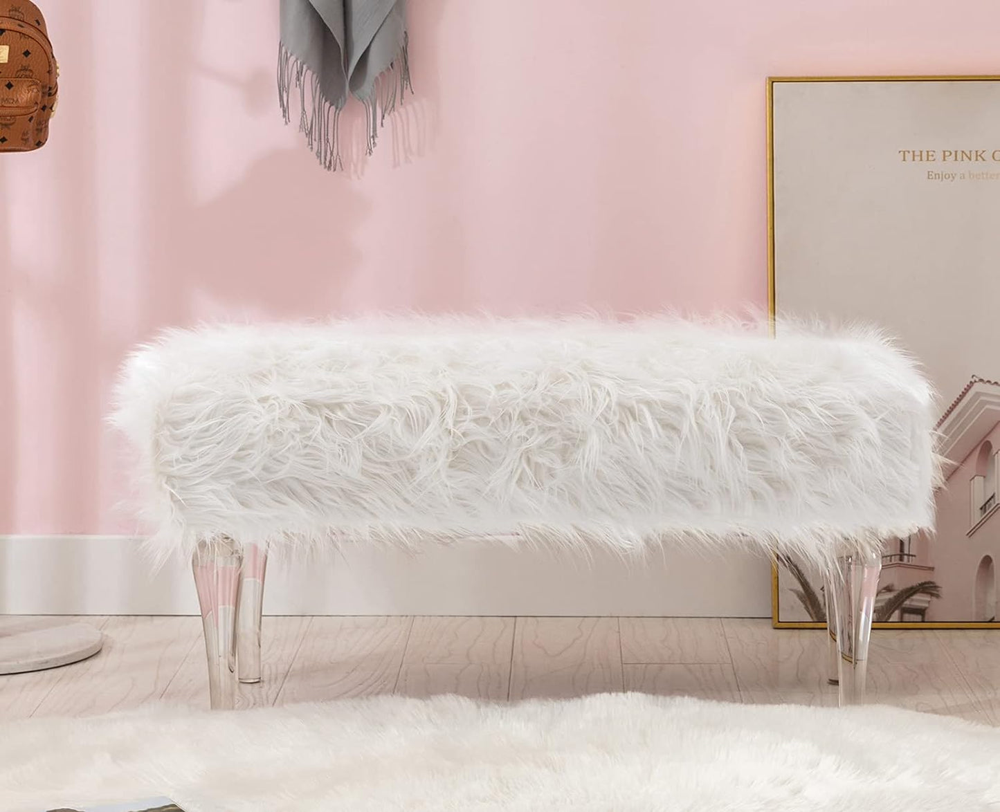 Fluffy Acrylic End of Bed Bench White Faux Fur Ottoman for Bedroom, 35” Modern Upholstered Entryway Bench with Acrylic Legs for Foyer Living Room Bedroom Vanity (White)